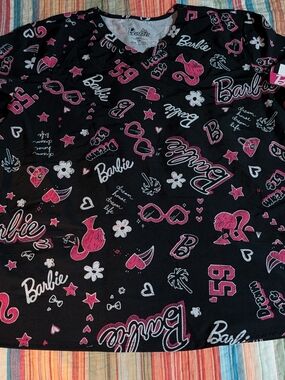 Barbie Black and Pink Graphic V-Neck Scrubs Top